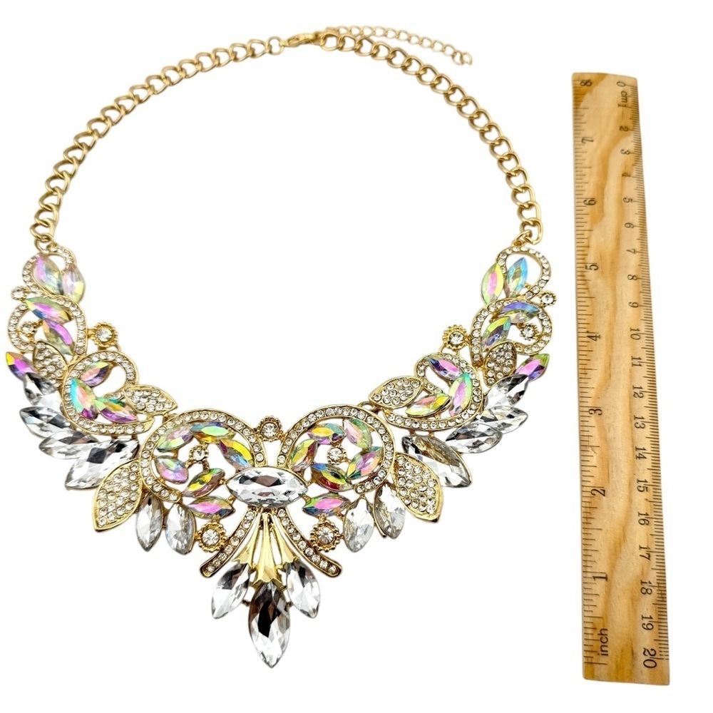 Elegant Iridescent Gold Tone Crystal Statement Necklace - Picture 12 of 12